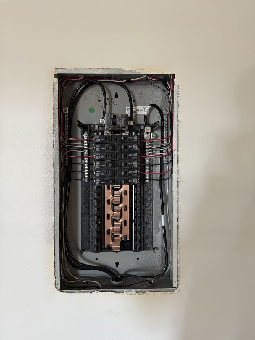 New electrical panel install with tidy, code-compliant circuit runs